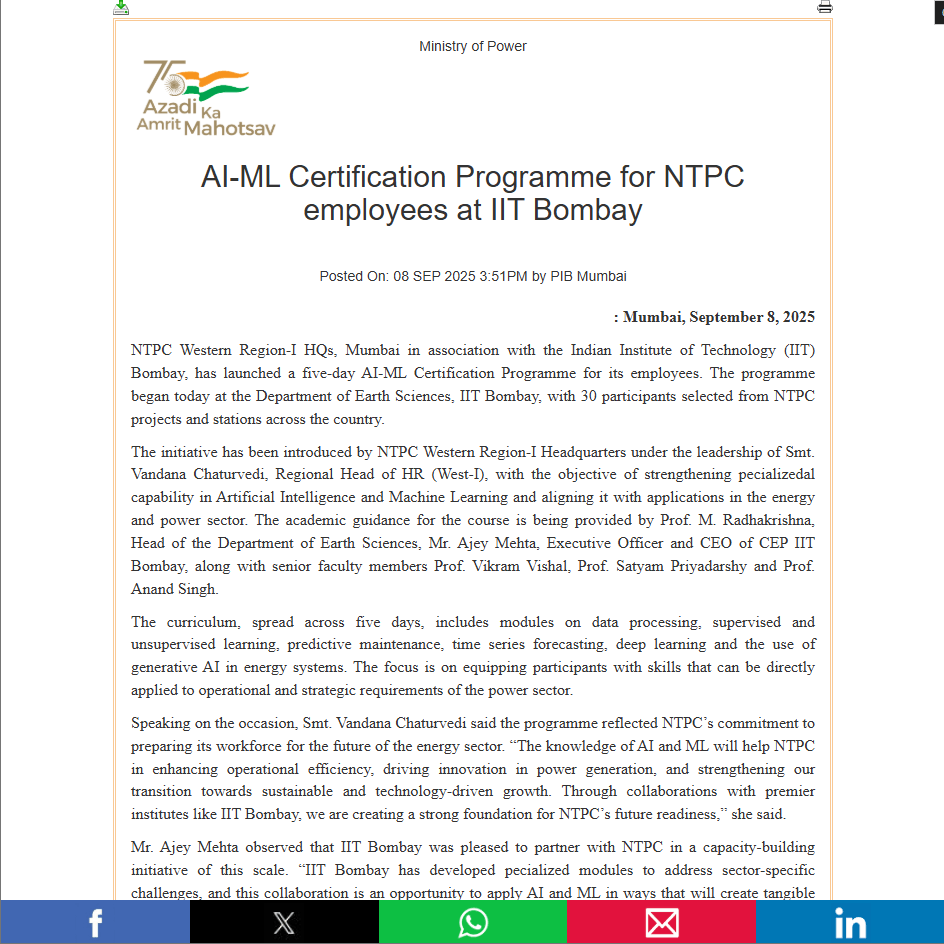 Prof. Vikram Vishal, ASPIRE’s Professor-In-Charge, plays an integral role in a Certificate Course curated for NTPC Limited at IIT Bombay