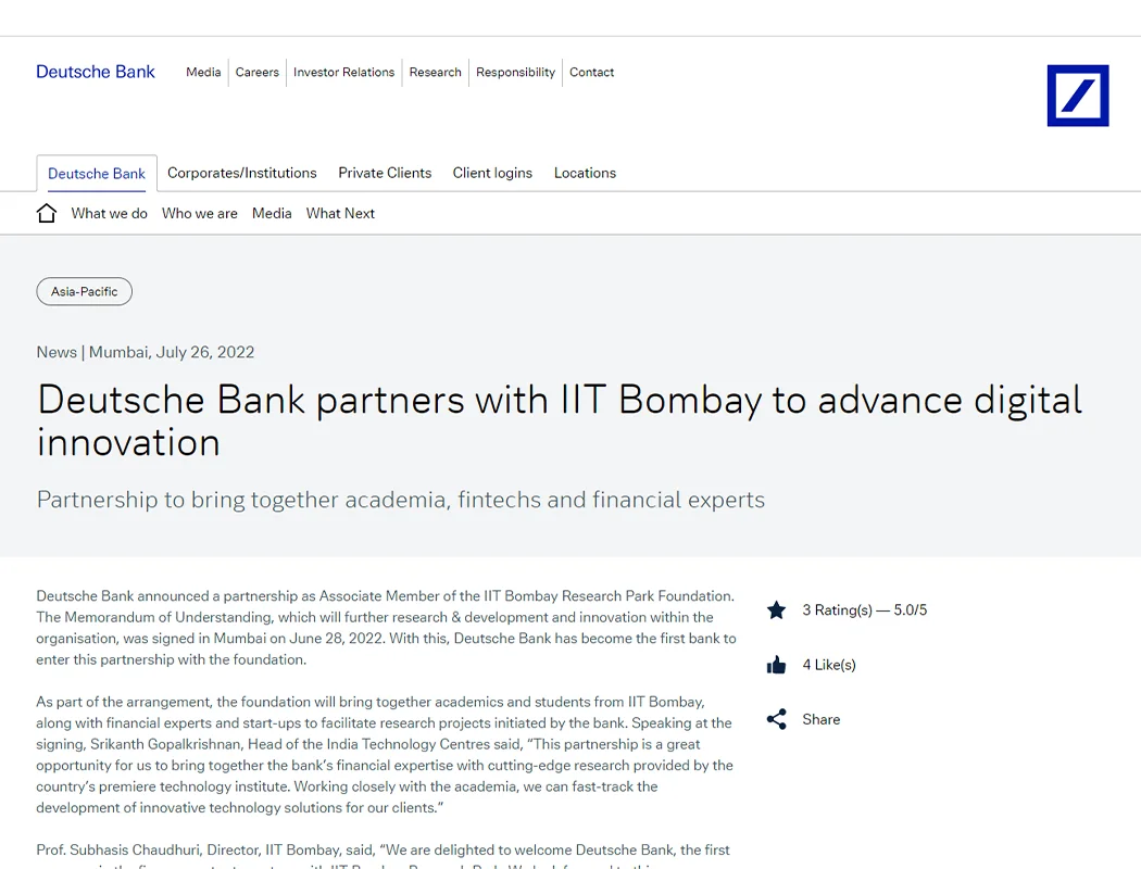 Deutsche Bank announced a partnership as Associate Member of the IIT Bombay Research Park Foundation